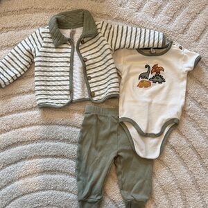 Chick Pea - Green and White Dinosaur Bodysuit Set with Jacket - 6-9 Months